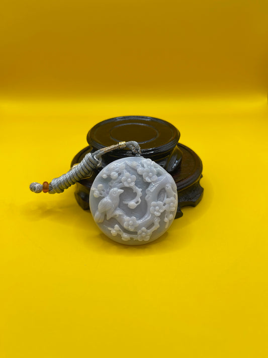 Plum Blossom and Magpie White Jade Lucky Pendant
