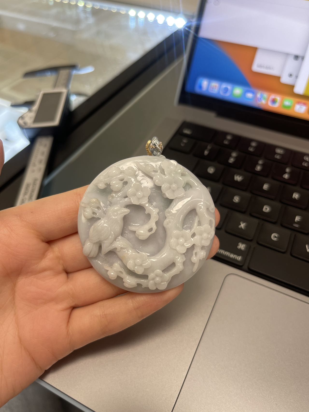 Plum Blossom and Magpie White Jade Lucky Pendant