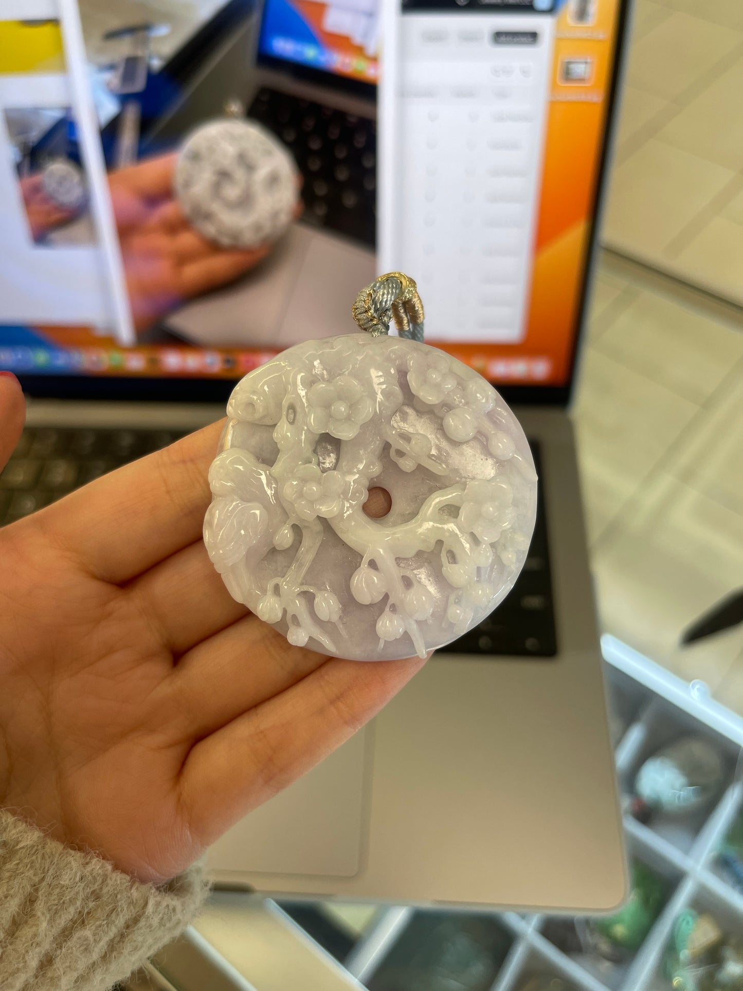 Plum Blossom and Magpie Lavender Jade Lucky Pendant