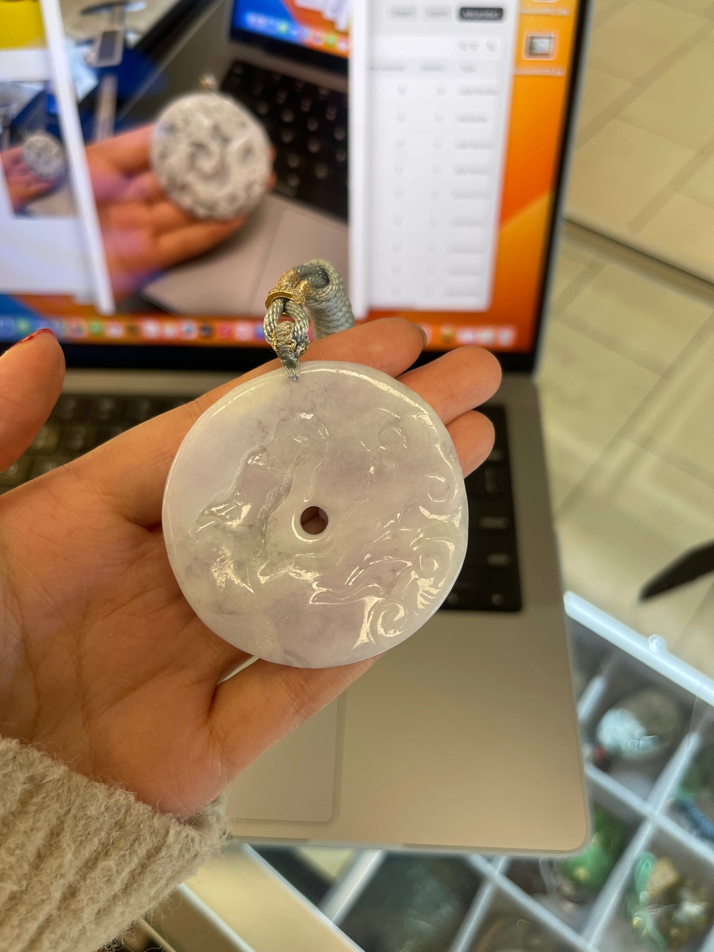 Plum Blossom and Magpie Lavender Jade Lucky Pendant