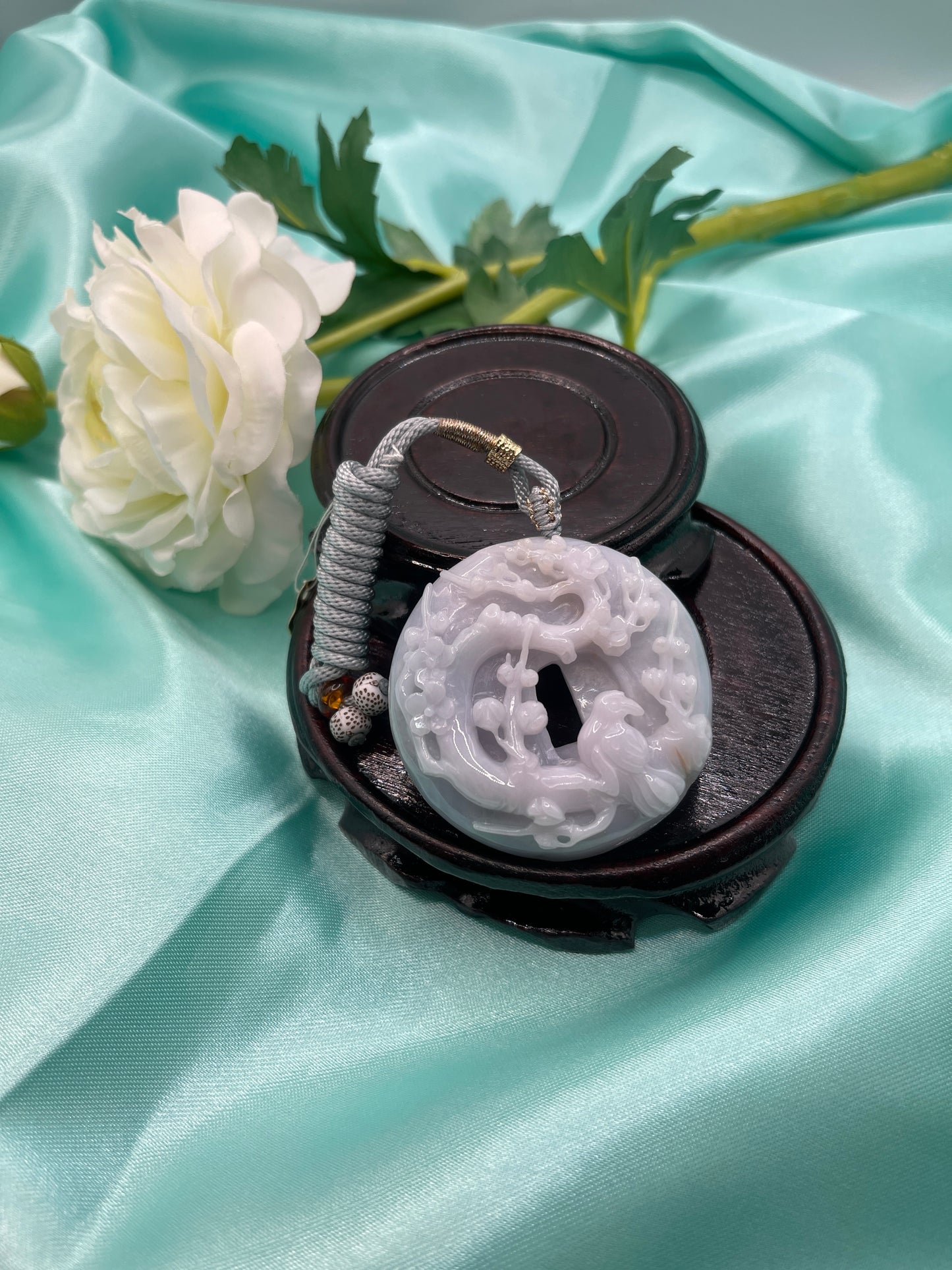 Plum Blossom and Magpie White Jade Lucky Pendant
