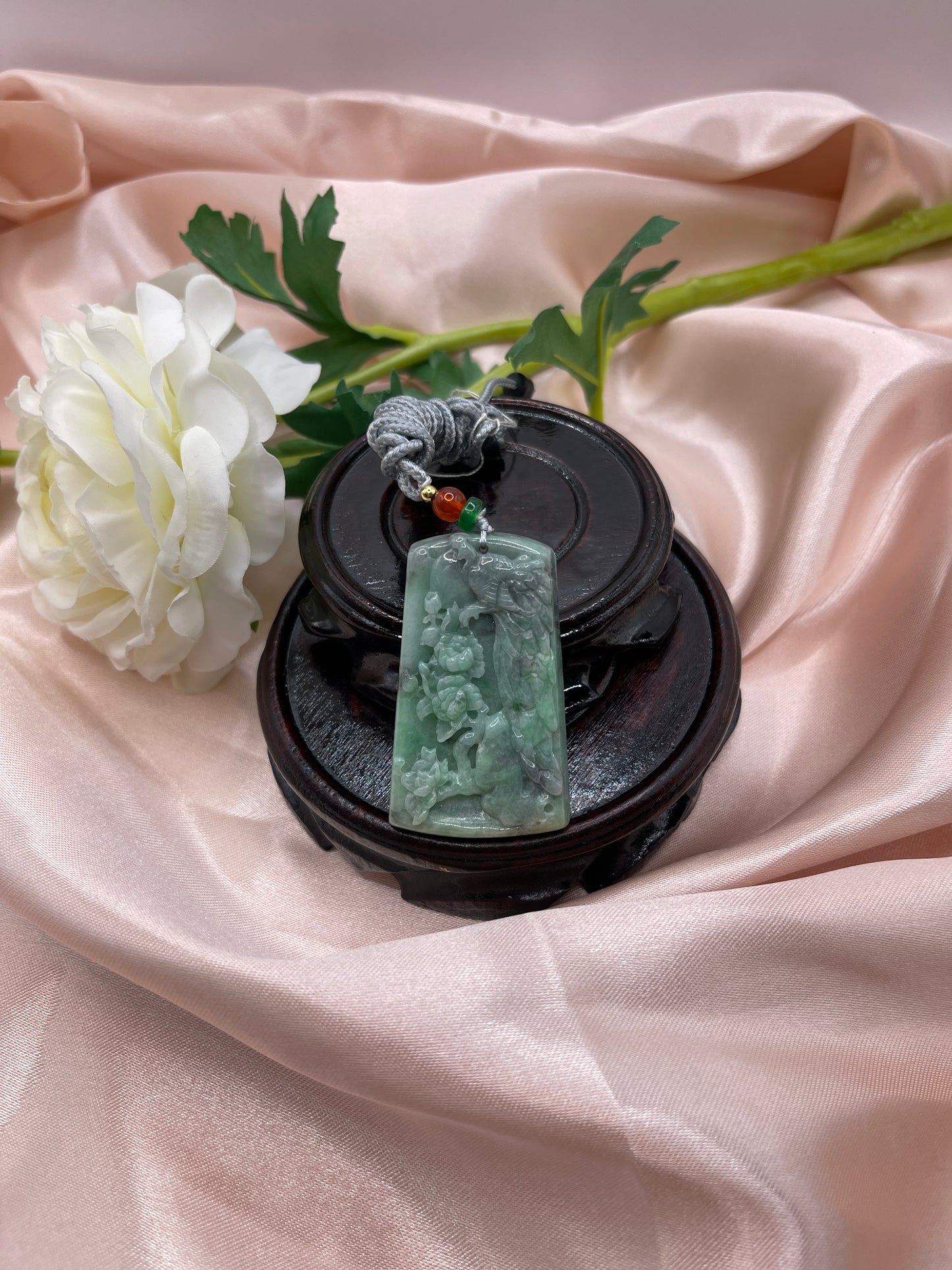 Phoenix and Peonies Bloom Jade Pendant