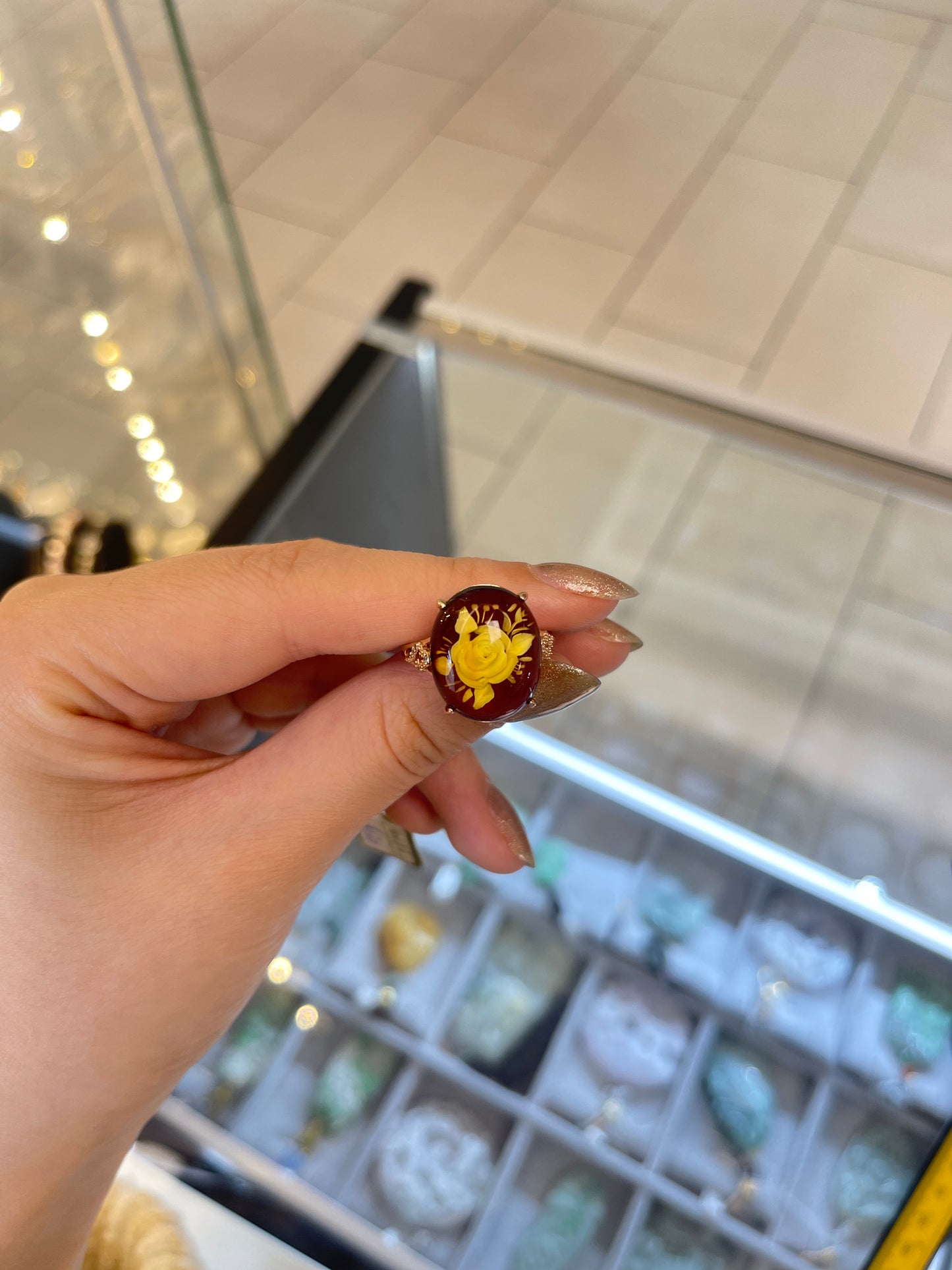 Burmese Amber Ring and Flower Carving