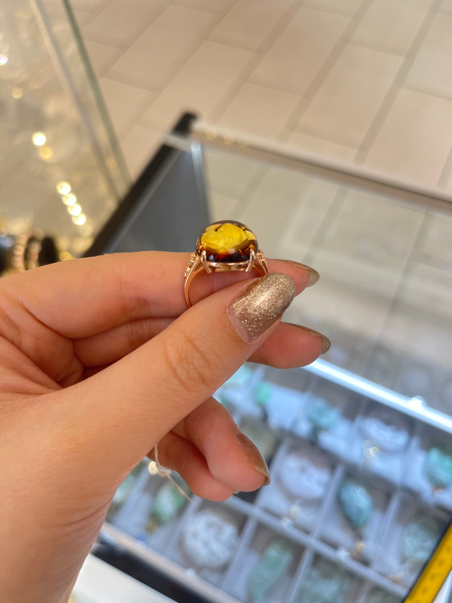 Burmese Amber Ring and Flower Carving