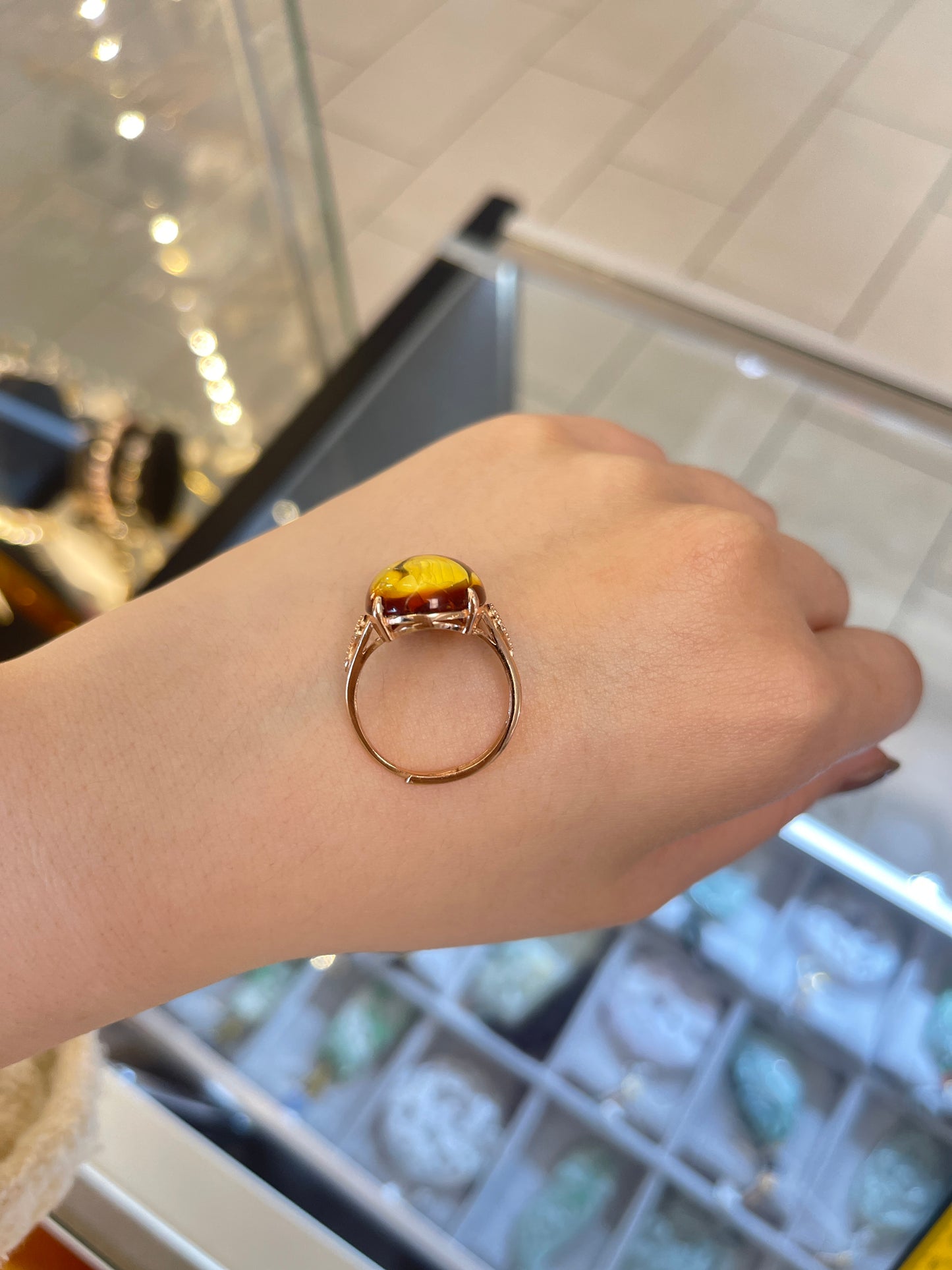 Burmese Amber Ring and Flower Carving