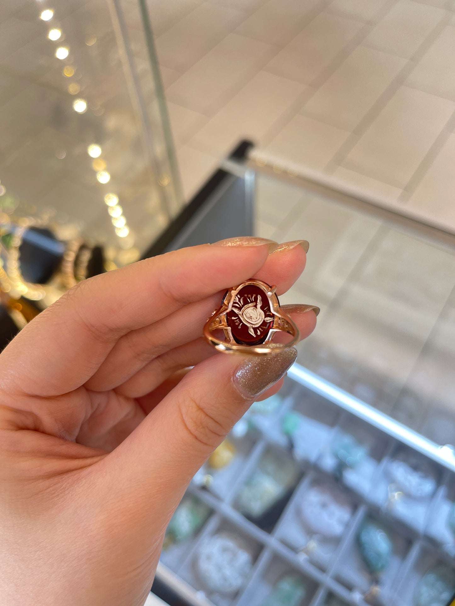 Burmese Amber Ring and Flower Carving